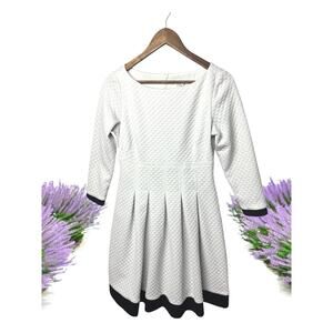 Eliza J White Fit & Flare Textured Knit Dress 8 Elegant Boat Neck 3/4 Sl A-Line